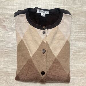 Pendleton Women’s Brown & Cream Argyle Button Cardigan 100% Merino Wool